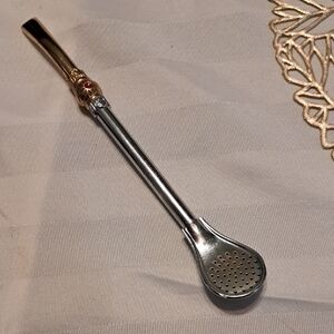 Vintage Metal Yerba Mate Bombilla with Gold-Tone Accent